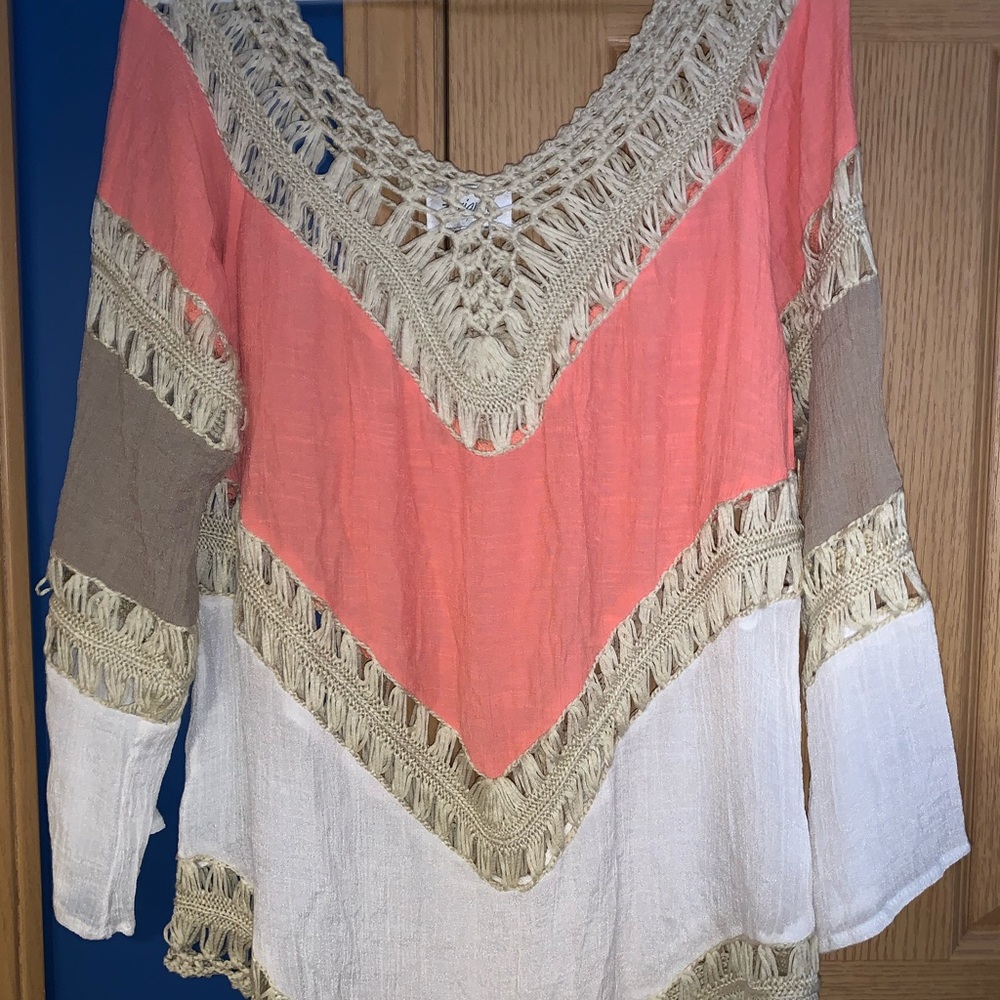 Coral, White, and Tan swimsuit coverup